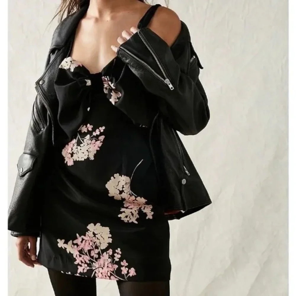 NEW Free People Tie A Bow Mini Dress Black Combo Floral Velvet Smocked